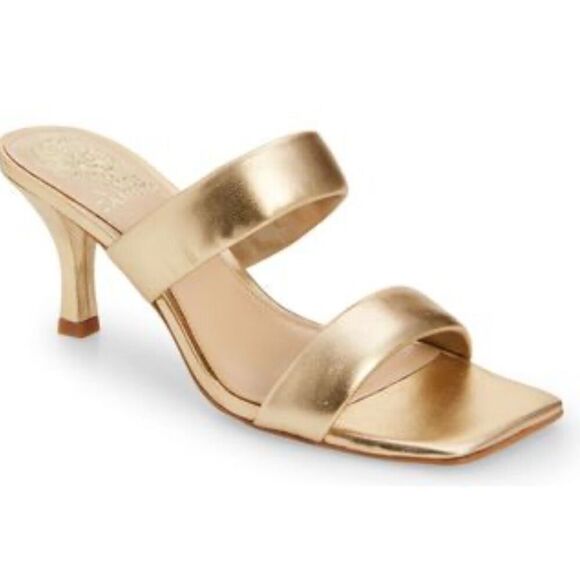 Vince Camuto Size 7.5 Gold Leather Square Toe Two Strap Slide Sandal - Picture 1 of 10